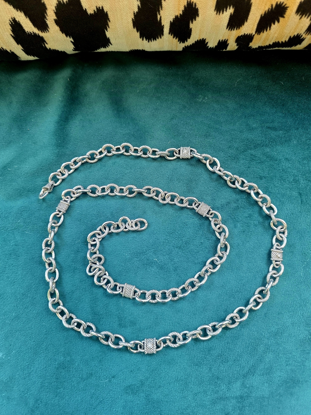 Judith Ripka SS Diamonique Station Textured Rolo 36inch Chain Necklace-HEAVY!